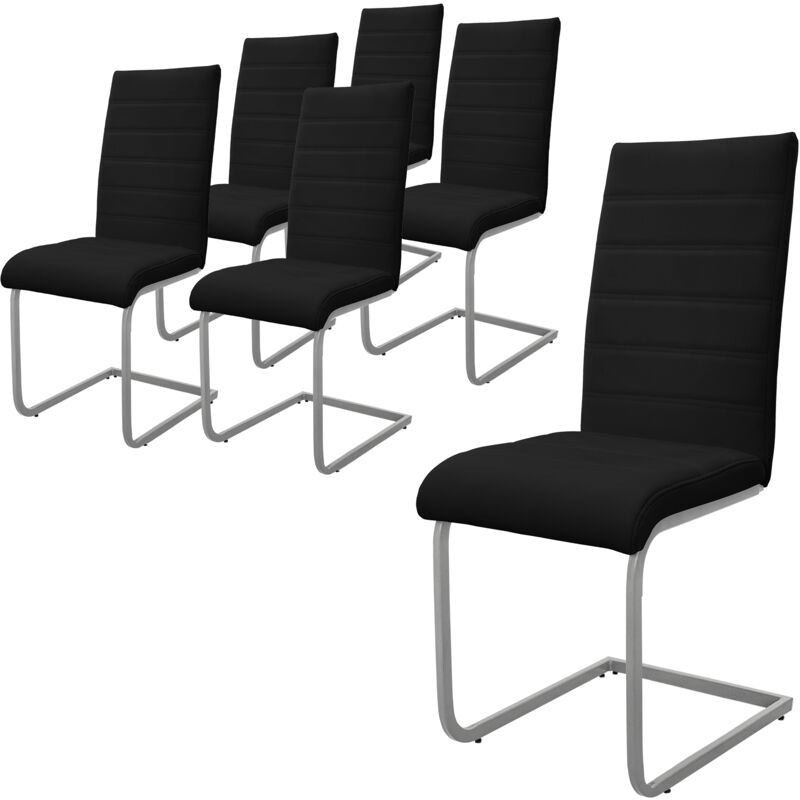 foto del prodotto ml design set di 6 sedie a sbalzo per sala da pranzo imbottite in pelle finta nero con telaio in metallo argento con schienale alto da cucina salotto