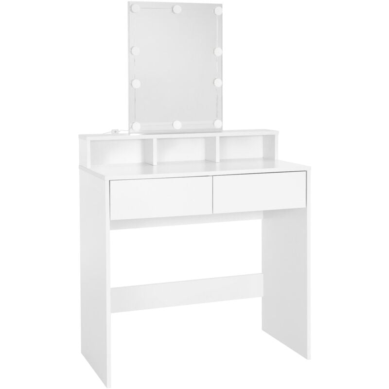foto del prodotto ml design toeletta tavolo postazione da trucco con specchio a luci led rettangolare e 2 cassetti 80 x 40 x 140 cm bianco design moderno con 3