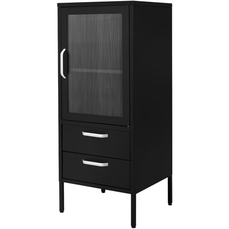 foto del prodotto ml design vetrina 42x102x40 cm nera con 2 ripiani 1 anta 2 cassetti armadio in acciaio stile industriale per soggiorno libreria archivio ufficio