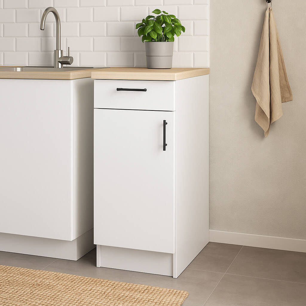 foto del prodotto mobile 1 anta con cassetto orvia, mobile contenitore misto, base cucina con anta e cassetto, modulo multiuso, 40x60 h90 cm, bianco e rovere