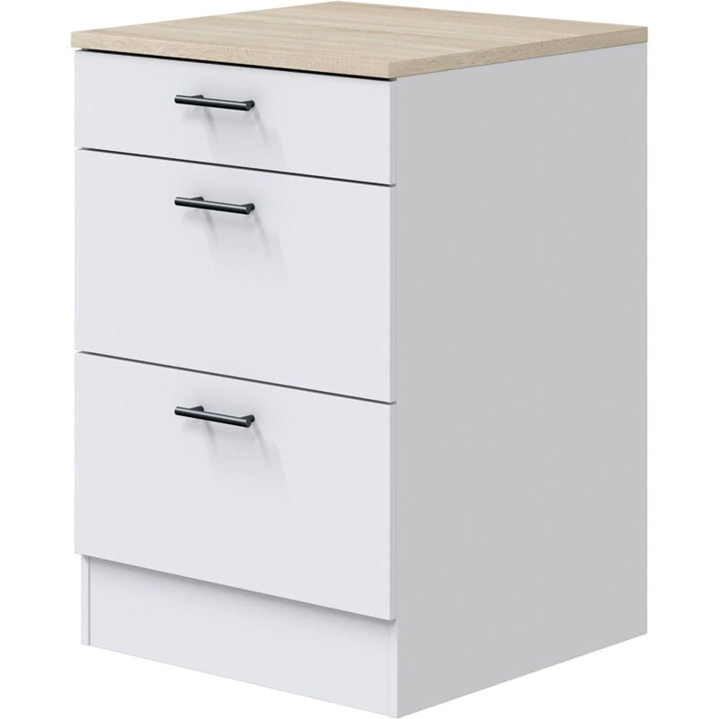 foto del prodotto mobile 3 cassetti sirea, cassettiera da cucina, modulo contenitore con cassetti, base con cassetti estraibili, 60x60 h90 cm, bianco e rovere dmora