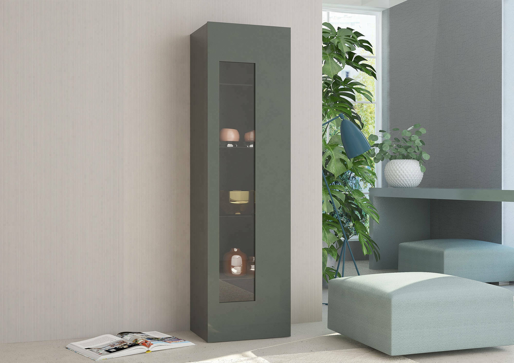 foto del prodotto mobile a colonna con anta a adatka, made in italy, credenza con ripiani, vetrinetta da soggiorno, cm 45x34h162, antracite lucido