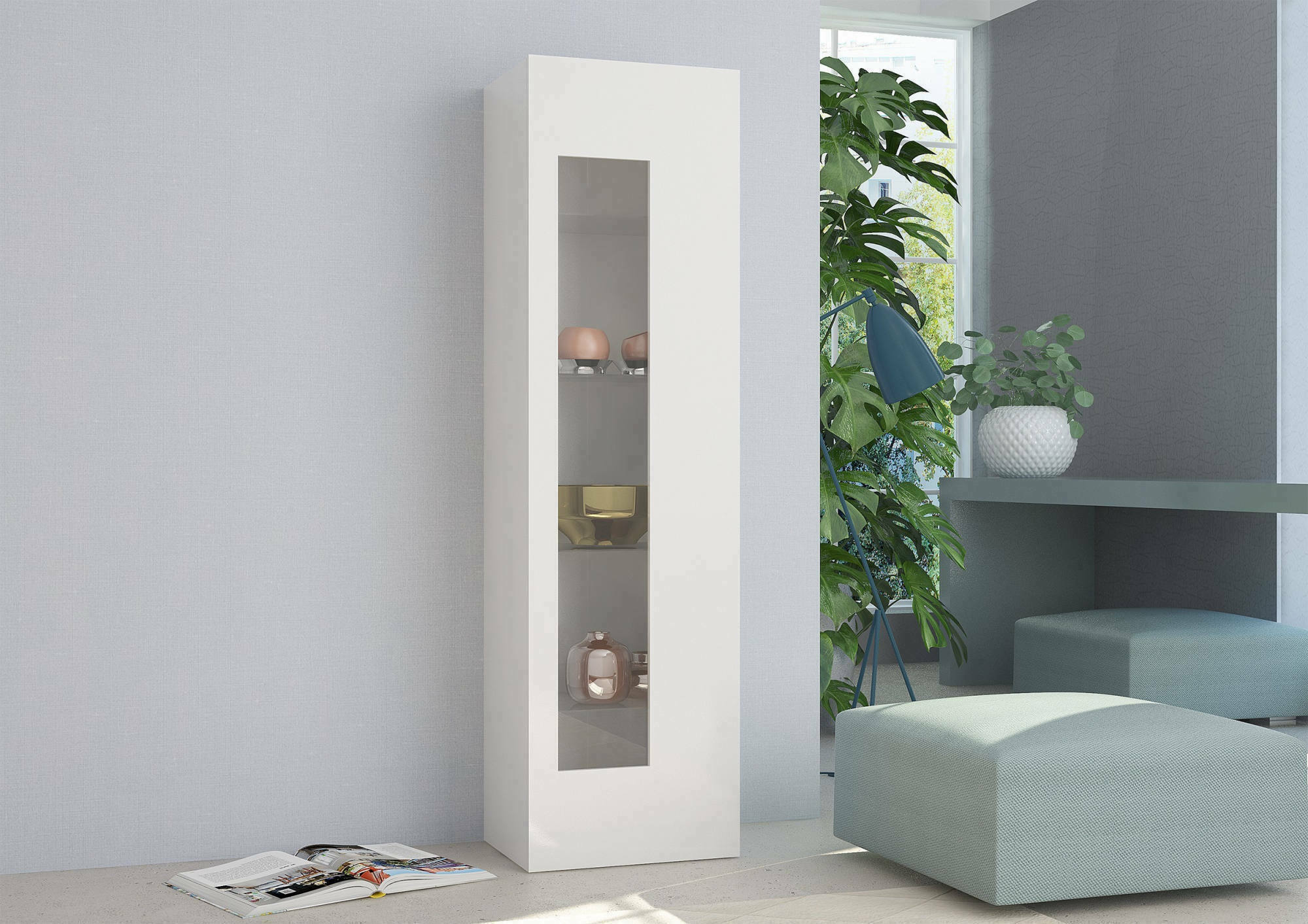 foto del prodotto mobile a colonna con anta a adatka, made in italy, credenza con ripiani, vetrinetta da soggiorno, cm 45x34h162, bianco lucido