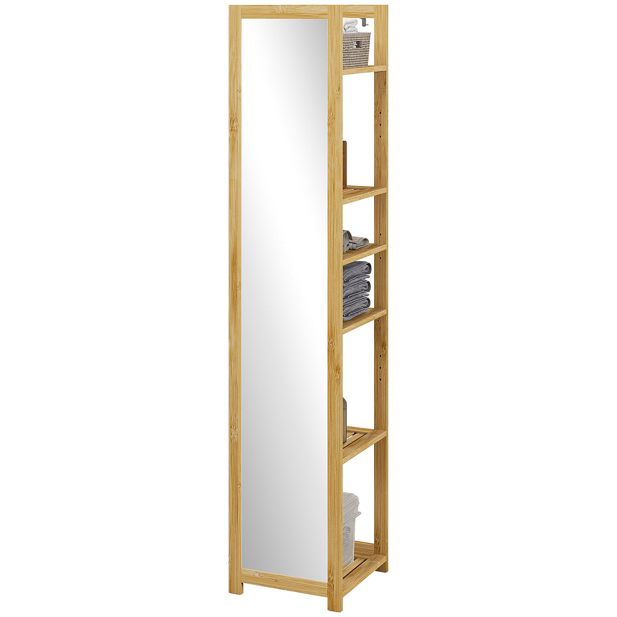 foto del prodotto mobile a colonna con specchio 6 ripiani in bambù 35x35x168 cm colore legno