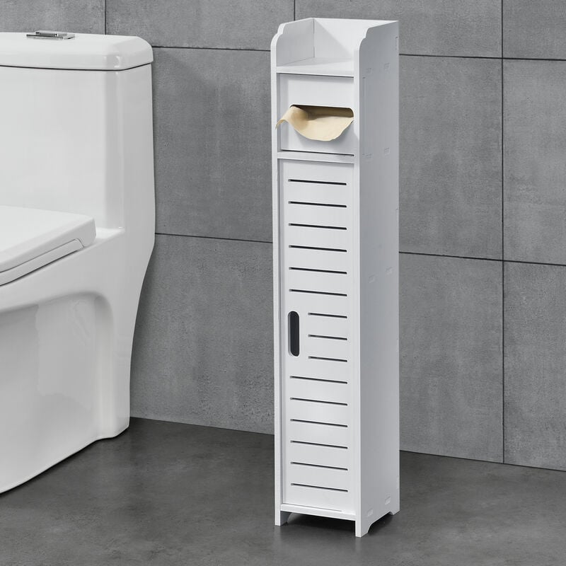 foto del prodotto mobile a colonna da bagno 80 x 15 x 15 cm armadietto con ripiani e scomparto per carta igienica mobiletto da stoccaggio deposito bianco