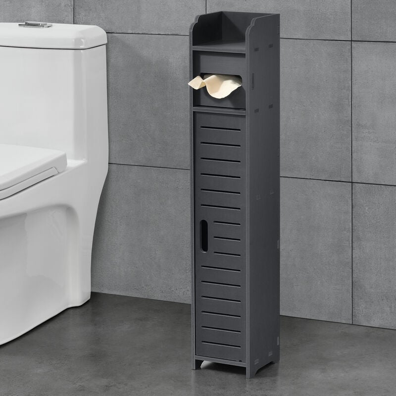 foto del prodotto mobile a colonna da bagno 80 x 15 x 15 cm armadietto con ripiani e scomparto per carta igienica mobiletto da stoccaggio deposito grigio scuro