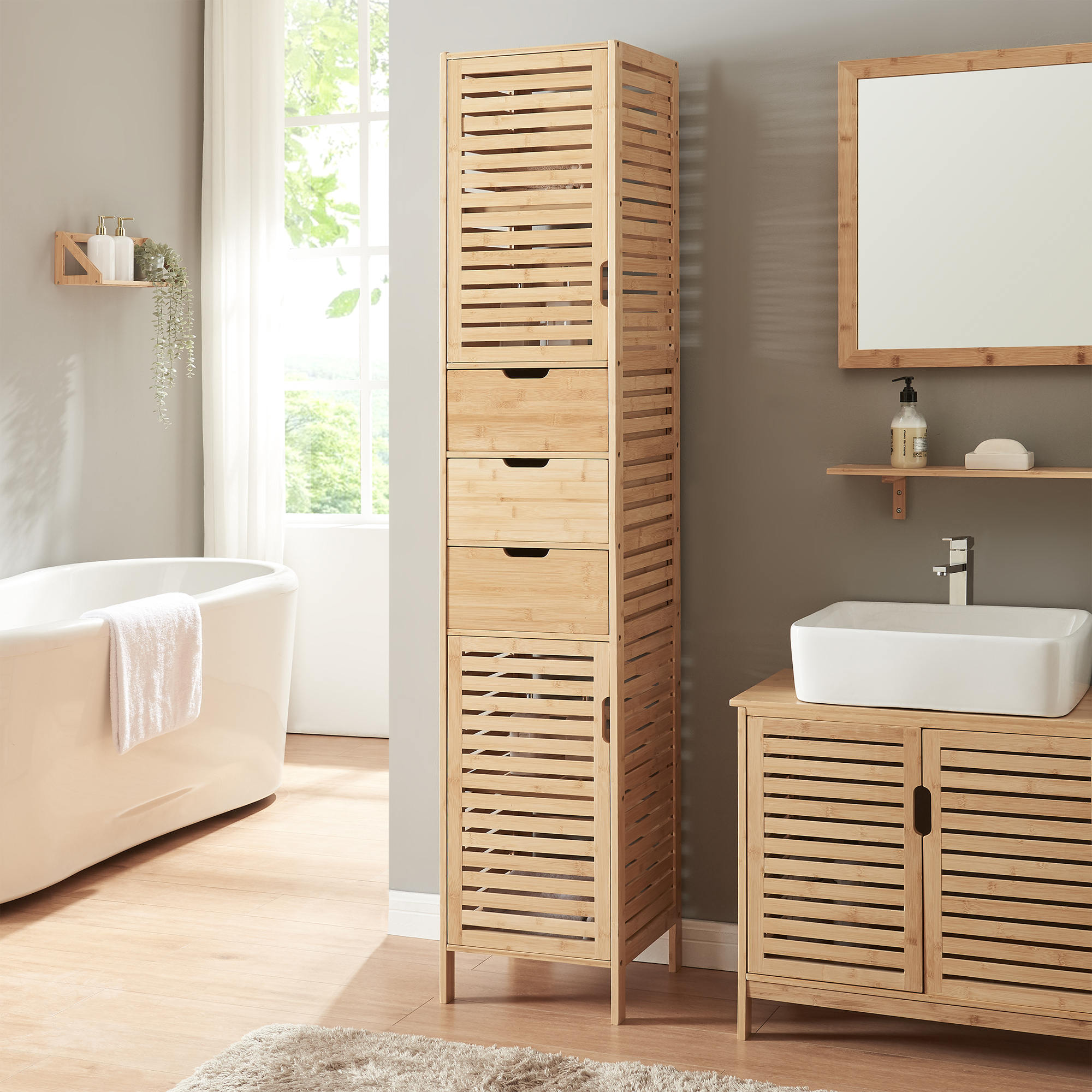 foto del prodotto mobile a colonna da bagno boksereys con 3 cassetti e scomparti chiusi 180 x 35 x 35 cm bamb naturale en.casa 