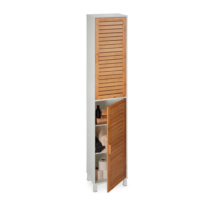 foto del prodotto mobile a colonna da bagno, mobiletto alto salvaspazio, 190x40x30 cm, 6 ripiani, mdf e bamb , bianco naturale relaxdays