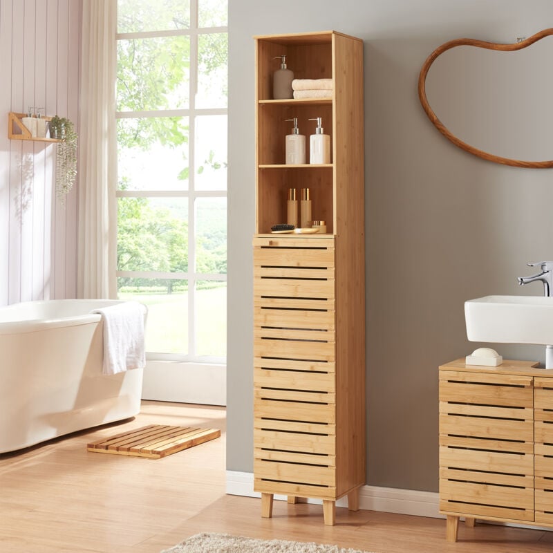 foto del prodotto mobile a colonna epind da bagno 180 x 33 x 30 cm con scomparti aperti e chiusi bamb naturale en.casa 