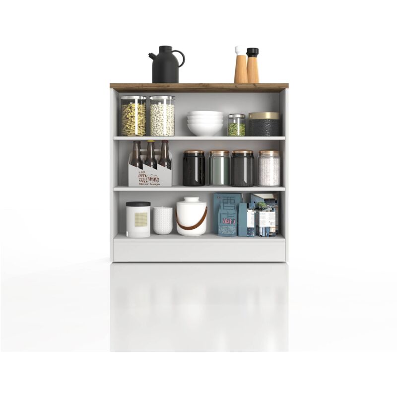 foto del prodotto mobile a giorno sole per cucina con 3 ripiani, scaffale multiuso per salotto, ingresso e sala da pranzo in legno, 90x90x25 cm, bianco lucido e rovere