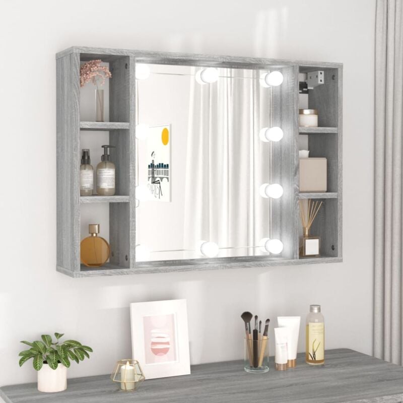 foto del prodotto mobile a parete con specchio led e 3 ripiani per lato vari colori disponibli colore cemento rovere