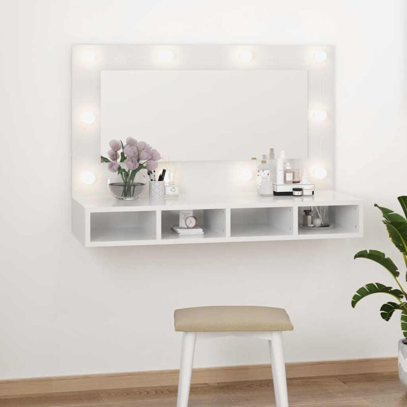 foto del prodotto mobile a specchio con led con 4 scomparti aperti vari colori disponibili colore bianco lucido