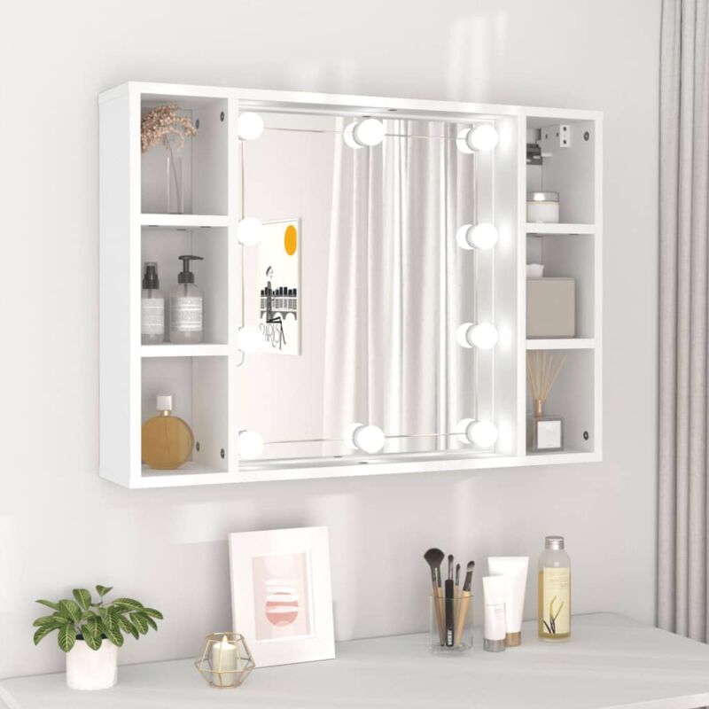 foto del prodotto mobile a specchio con led dotato di 3 scomparti laterali disponibili vari colori colore bianco