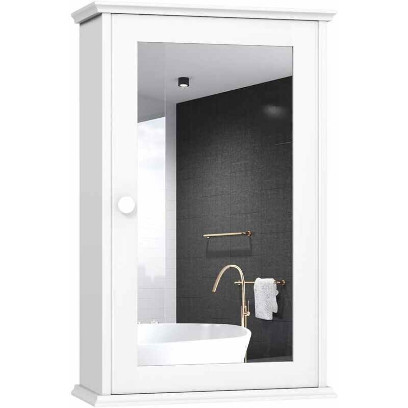 foto del prodotto mobile a specchio per bagno, armadietto da muro con anta, altezza del ripiano regolabile, facile da mantenere, di legno, bianco, 34x15x53cm goplus