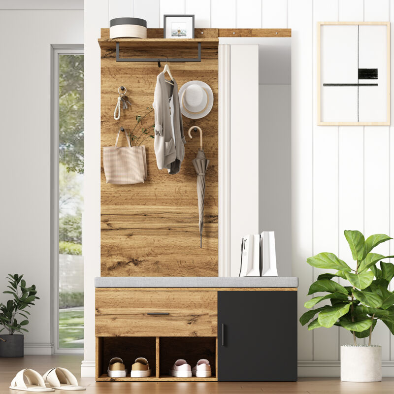 foto del prodotto mobile alto 190 cm in effetto legno con specchio, panca per scarpe 104 x 39 cm con imbottitura, scarpiera, cassetto, ripiano, appendiabiti design
