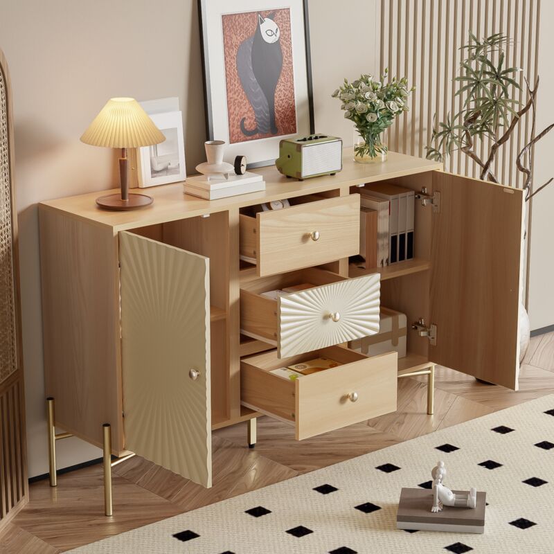 foto del prodotto mobile alto, credenza, lunghezza 123,5 cm, mobile a 2 ante con 3 cassetti e design unico a raggiera