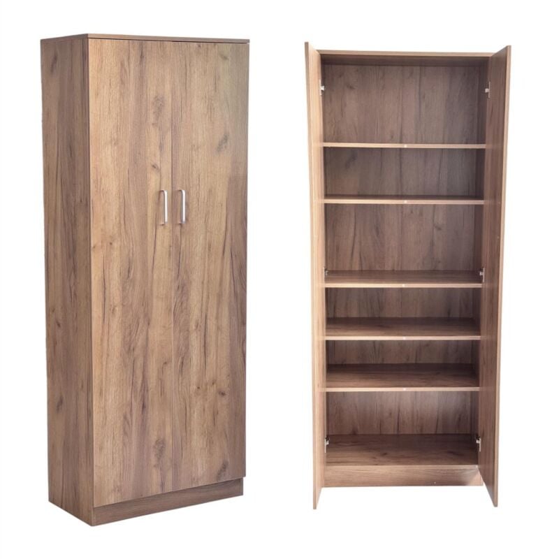 foto del prodotto mobile armadio multiuso alto in legno con 5 ripiani 2 ante battenti con maniglie rovere nodato