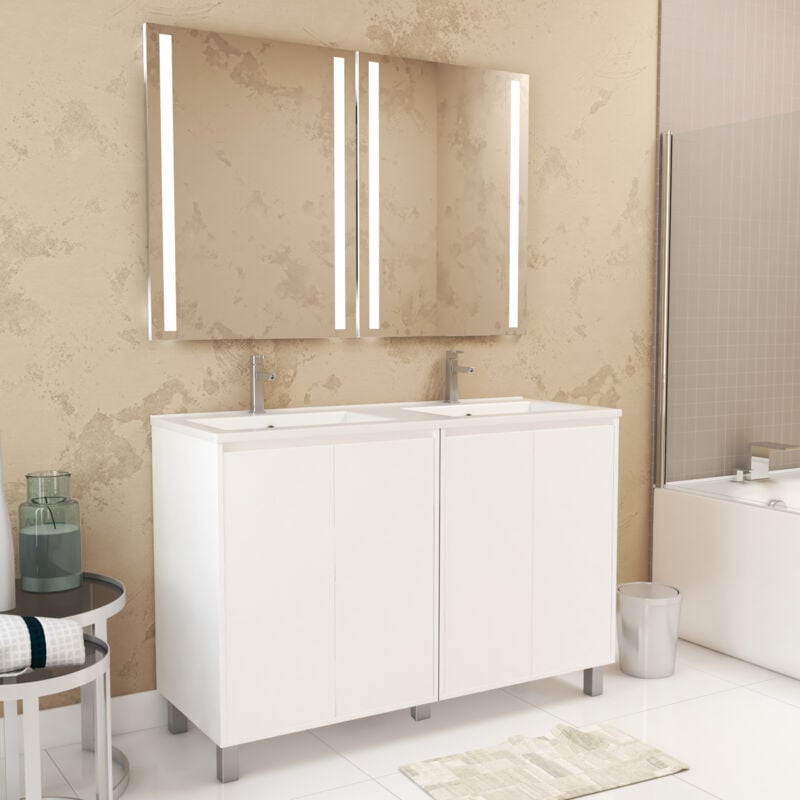 foto del prodotto mobile bagno 120cm laccato bianco 4 ante, lavabo, 2 specchi 60x80 con luce led integrata xenos