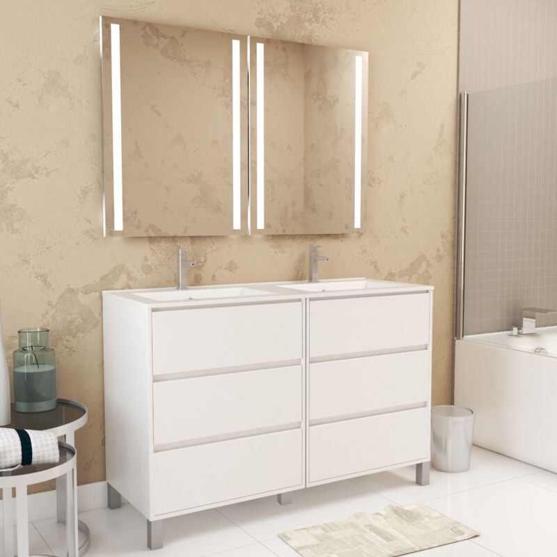 foto del prodotto mobile bagno 120cm laccato bianco 6 cassetti, lavabo, 2 specchi 60x80 con luce led integrata xenos