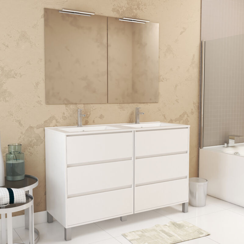 foto del prodotto mobile bagno 120cm laccato bianco 6 cassetti, lavabo, 2 specchi 60x80 e applique led xenos