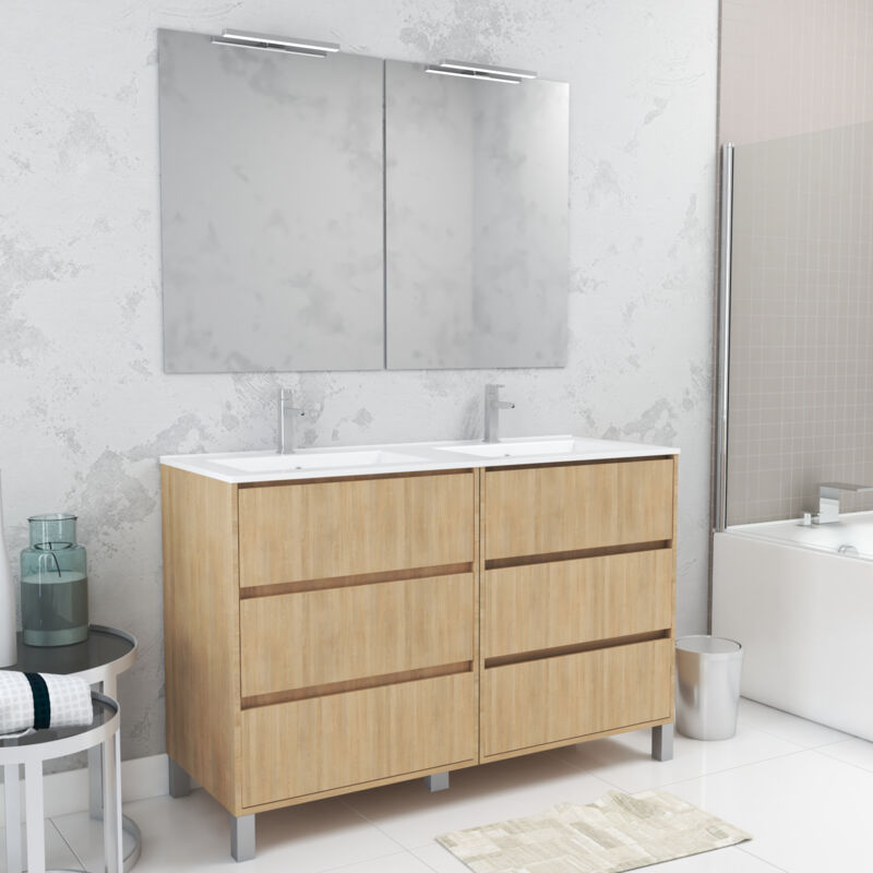 foto del prodotto mobile bagno 120cm rovere chiaro 6 cassetti, lavabo, 2 specchi 60x80 e applique led xenos