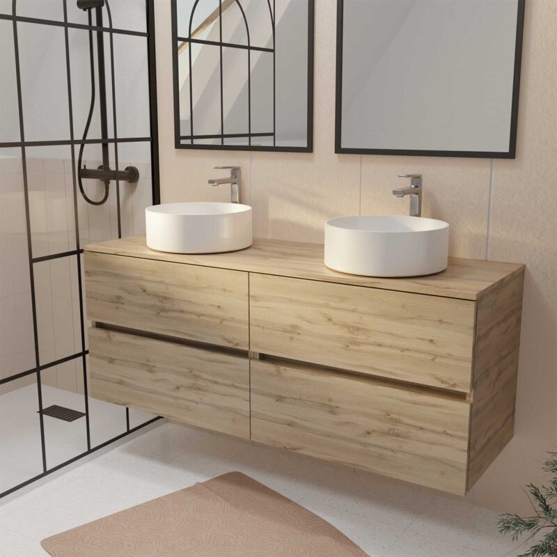 foto del prodotto mobile bagno 140 timber finitura rovere 4 cassetti 2 lavabi rotondi 36cm ceramica bianca
