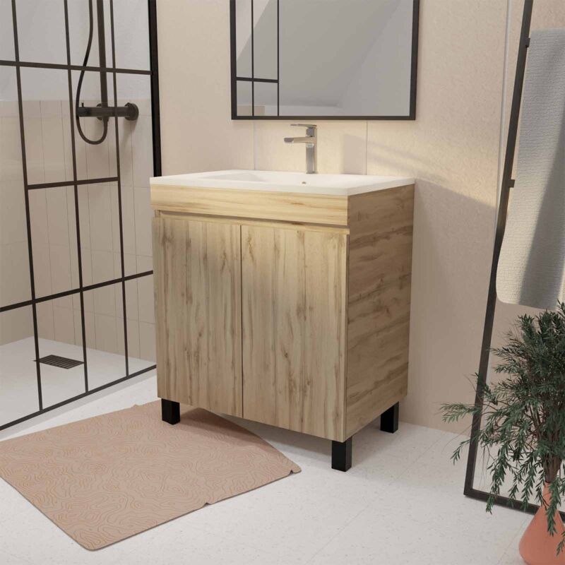 foto del prodotto mobile bagno 70cm 2 ante aspetto rovere naturale e lavabo ceramica bianca
