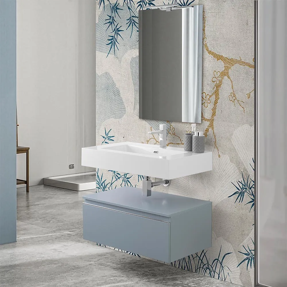 foto del prodotto mobile bagno 80 cm blu pastello lavabo sospeso e specchio iside