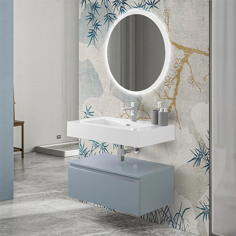 foto del prodotto mobile bagno 80 cm blu pastello lavabo sospeso e specchio led iside
