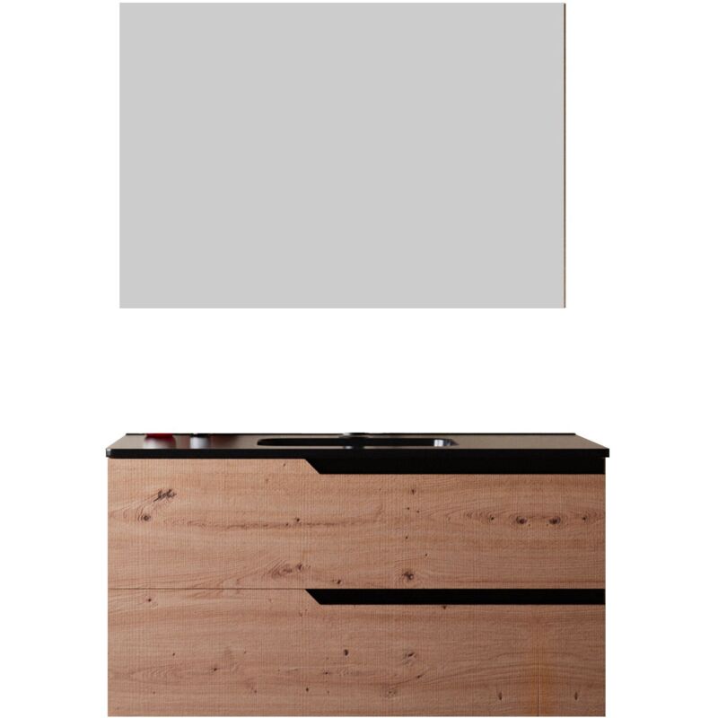 foto del prodotto mobile bagno 80 cm sospeso rovere cartagena con lavabo nero opaco boston con specchio rettangolare bonussi