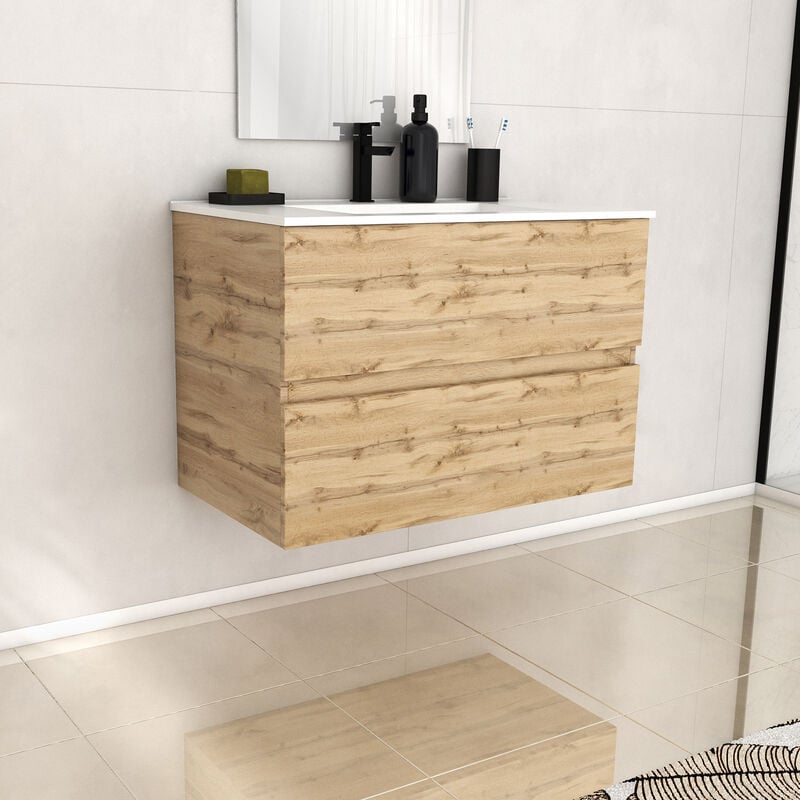 foto del prodotto mobile bagno 80cm 2 cassettirovere naturale lavabo ceramica bianca timber 80