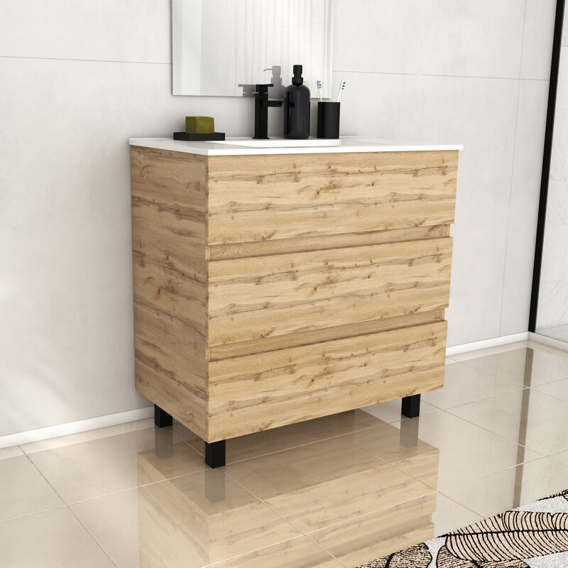 foto del prodotto mobile bagno 80cm 3 cassettirovere naturale lavabo ceramica bianca timber 80