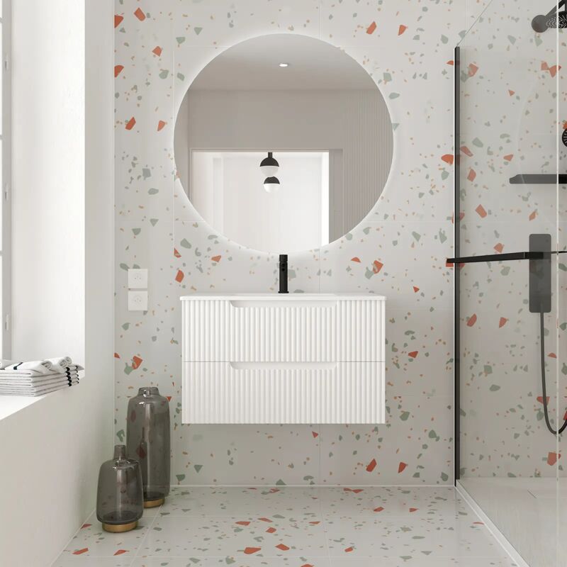 foto del prodotto mobile bagno 80cm bianco neve 2 cassetti in mdf ondulato lavabo da incasso bianco
