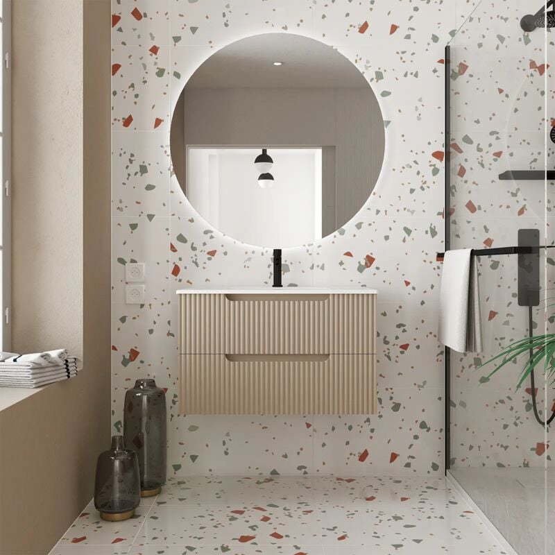 foto del prodotto mobile bagno 80cm marrone glassato 2 cassetti in mdf ondulato lavabo da incasso bianco