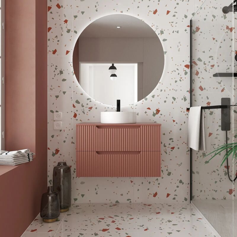 foto del prodotto mobile bagno 80cm terracotta 2 cassetti in mdf ondulato lavabo rotondo 36cm