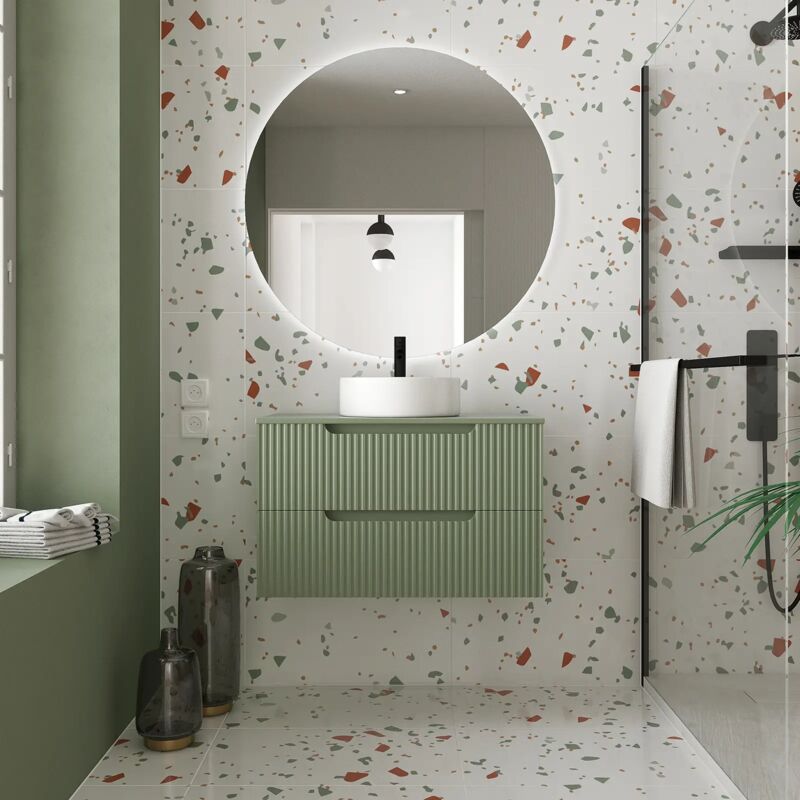 foto del prodotto mobile bagno 80cm verde oliva 2 cassetti in mdf ondulato lavabo rotondo 36cm