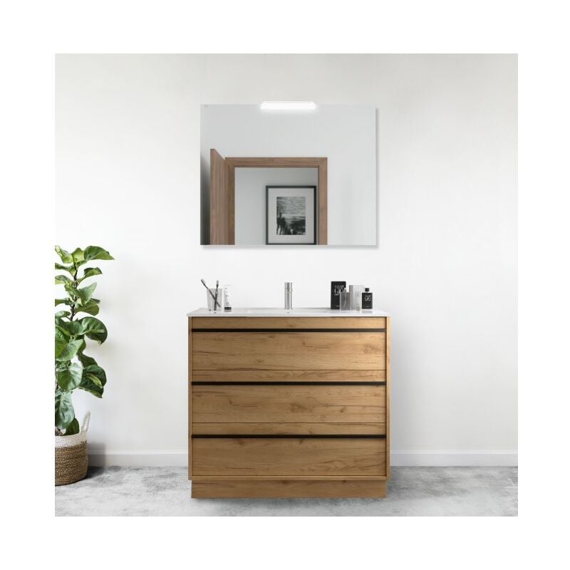 foto del prodotto mobile bagno a terra 100 cm 3 cassetti in legno rovere africa con lavabo a incasso astoria 100 cm standard