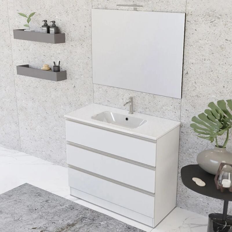 foto del prodotto mobile bagno a terra 100 cm master bianco con lavabo e specchio