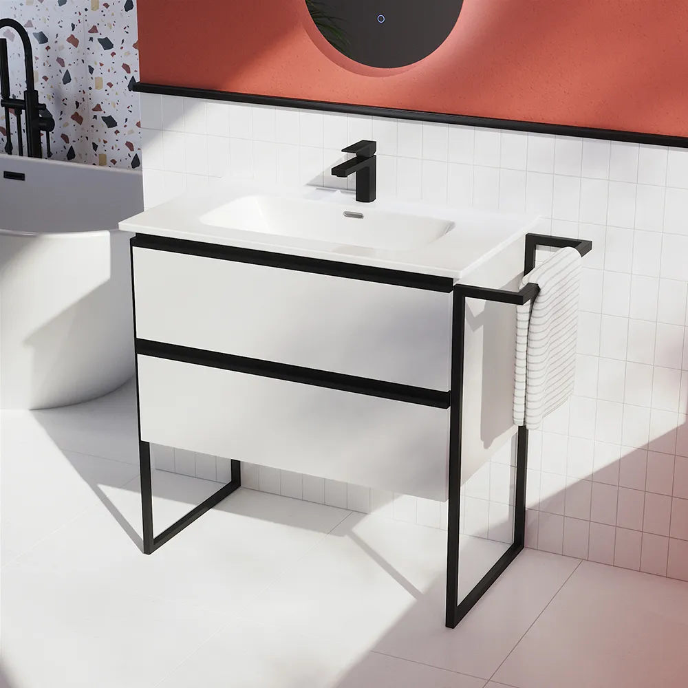 foto del prodotto mobile bagno a terra 100cm bianco lucido con lavabo in ceramica sapo
