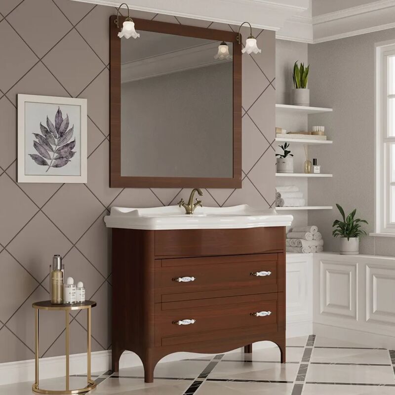 foto del prodotto mobile bagno a terra 115 cm noce con cassetti specchio e lampade romantica