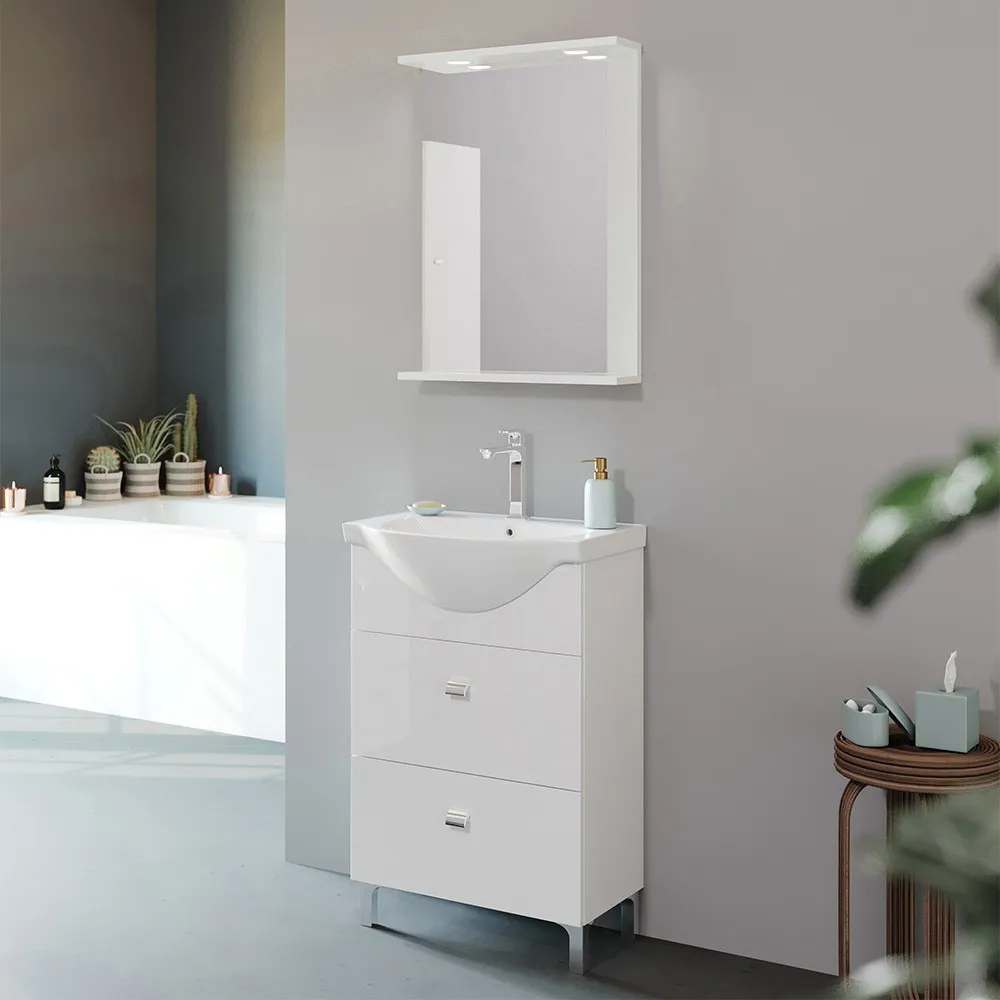 foto del prodotto mobile bagno a terra 55 cm creta bianco lucido completo di specchio