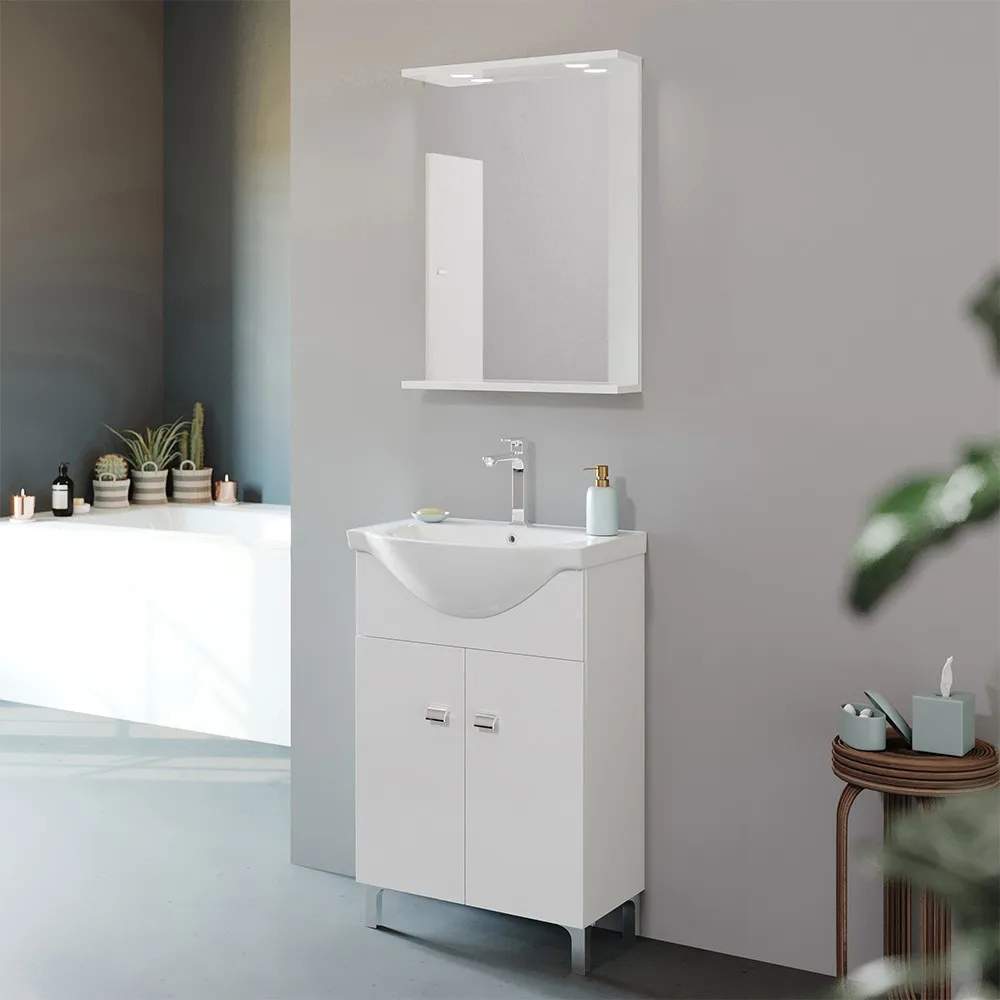 foto del prodotto mobile bagno a terra 55 cm creta bianco lucido con lavabo e specchio