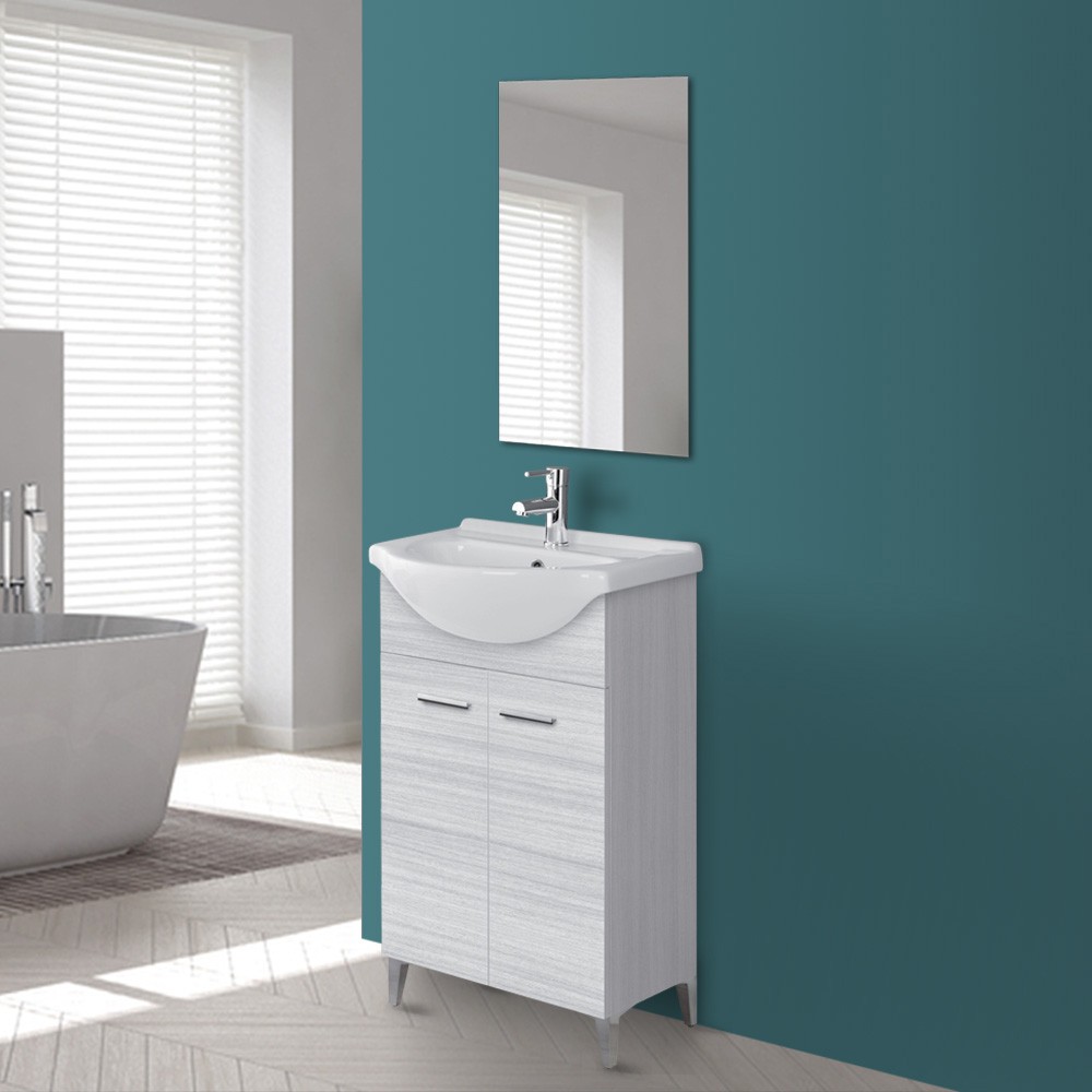 foto del prodotto mobile bagno a terra 55 cm grigio completo di lavabo e specchio desya