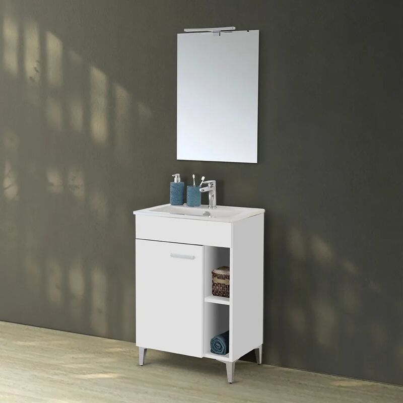 foto del prodotto mobile bagno a terra 60 cm bianco lucido con 1 anta lavabo e specchio martha