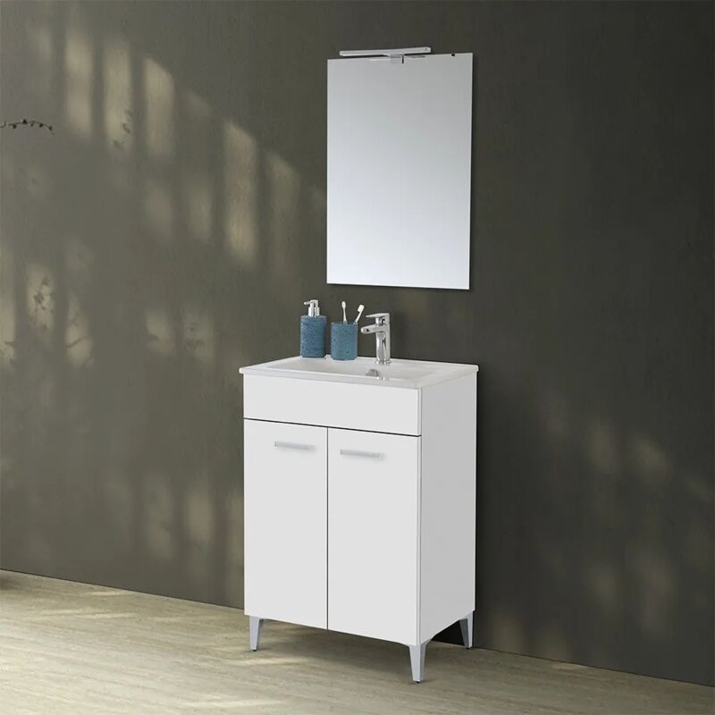 foto del prodotto mobile bagno a terra 60 cm bianco lucido con 2 ante lavabo e specchio martha