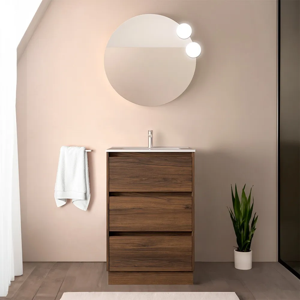 foto del prodotto mobile bagno a terra 60 cm noce maya con specchio e lavabo gaya