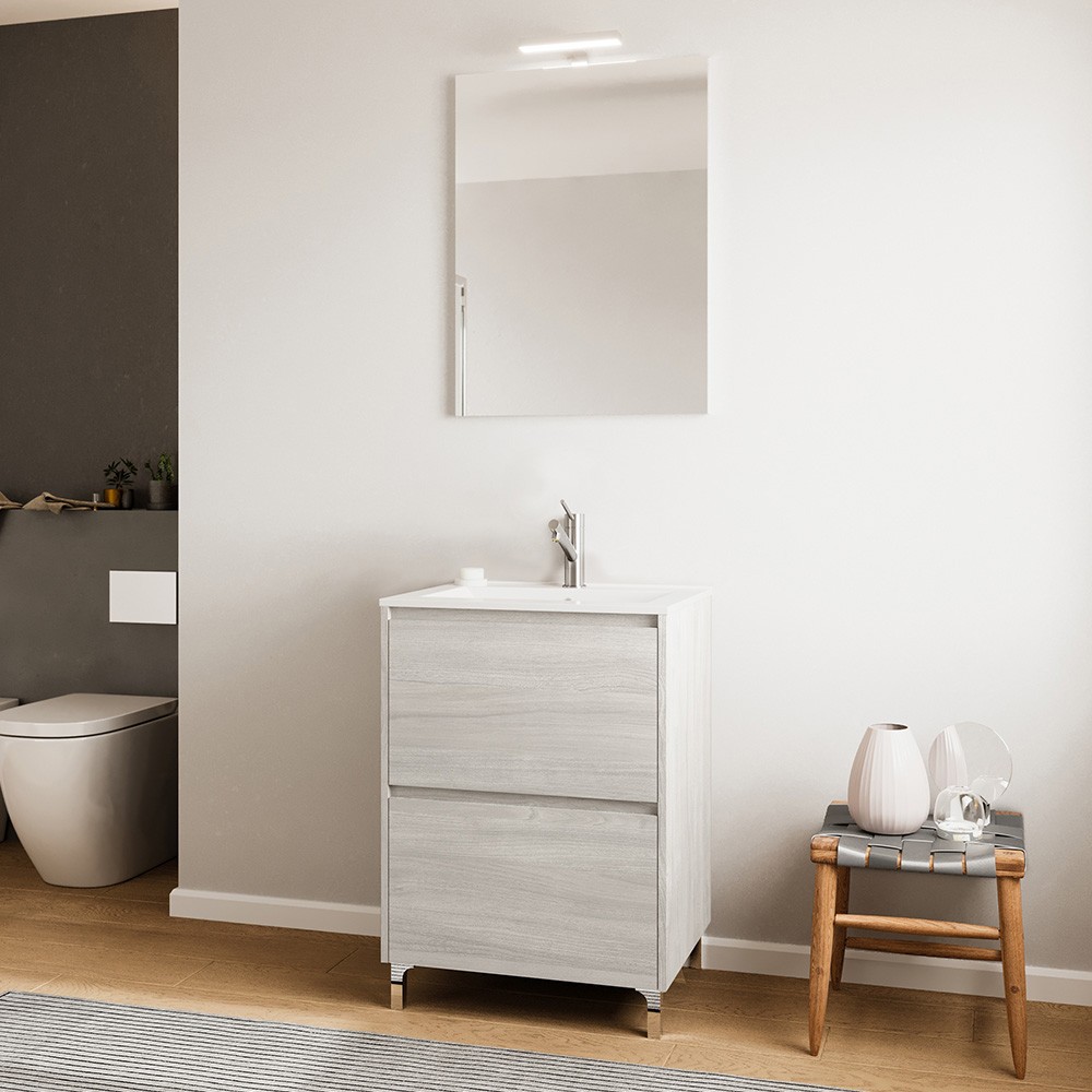 foto del prodotto mobile bagno a terra 60 rovere grigio con lavabo e specchio led lisbona