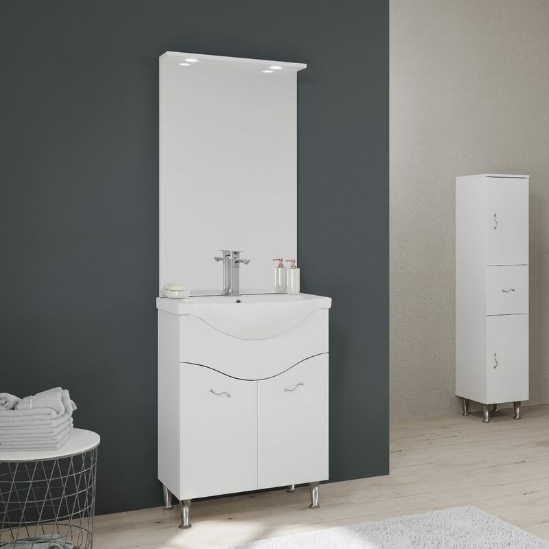 foto del prodotto mobile bagno a terra 65cm 2 ante, specchio con led bianco lucido easy
