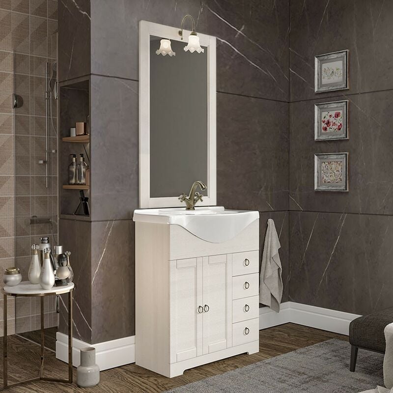foto del prodotto mobile bagno a terra 75 bianco decape con lavabo e specchio romantica