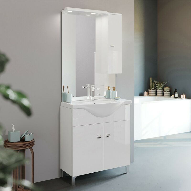 foto del prodotto mobile bagno a terra 75 cm creta bianco lucido con lavabo e specchio con pensile